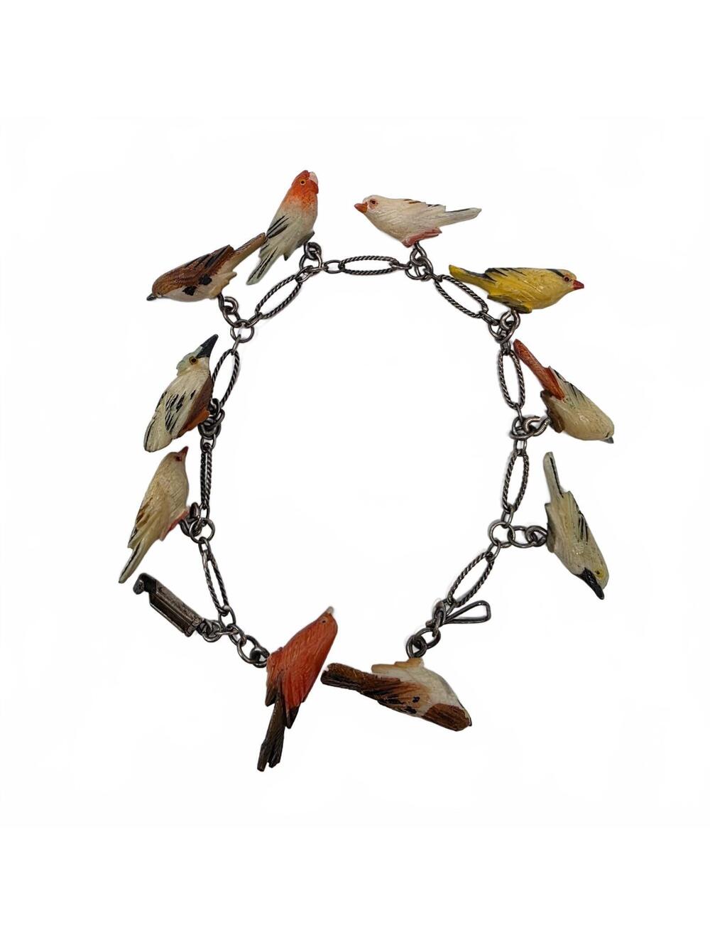 Vintage 1930s Japanese Carved Bone Bird Charm Bracelet Art Deco Repair